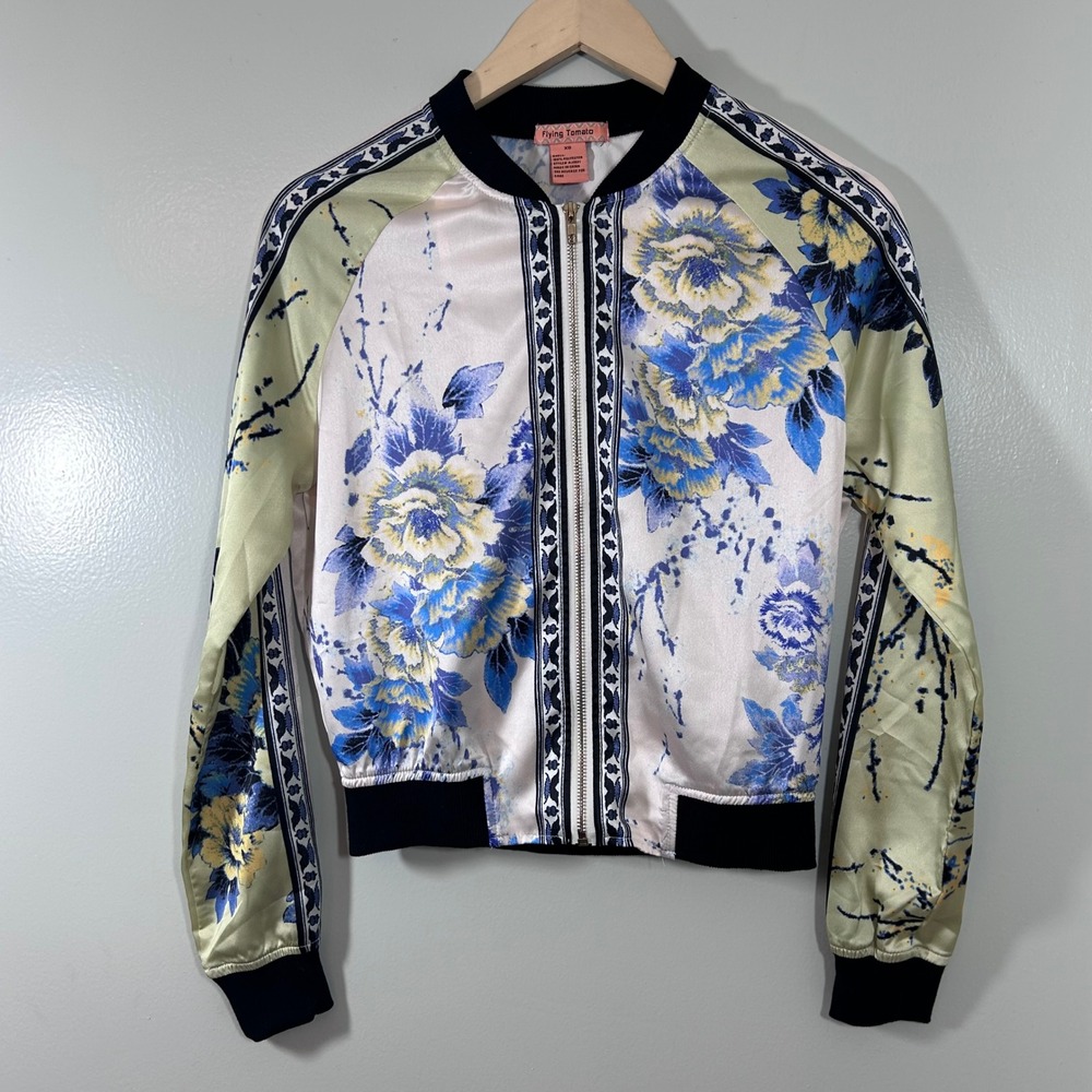 Flying Tomato Womens Floral Satin Bomber Jacket Blue Yellow XS